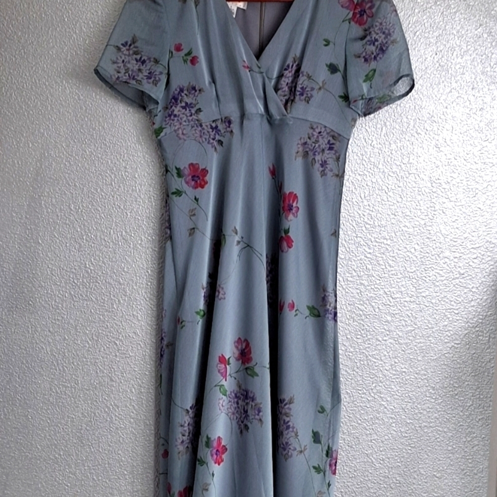 Vintage Talbots Grey Dress With A Sheer Floral Overlay    Size 2